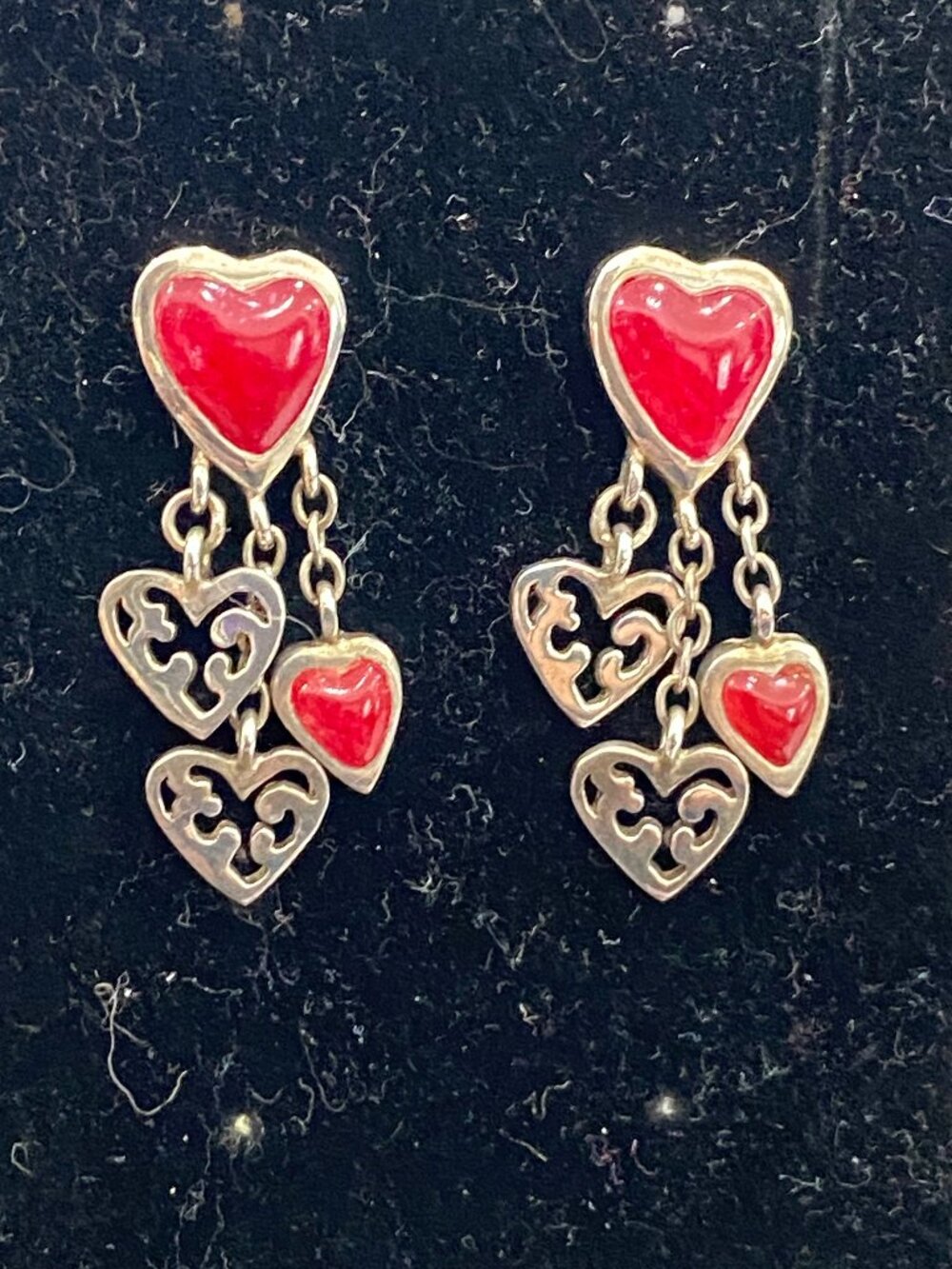 Barse .925 Silver Coral Heart Dangle Earrings, 6.75g (NO BACKS)